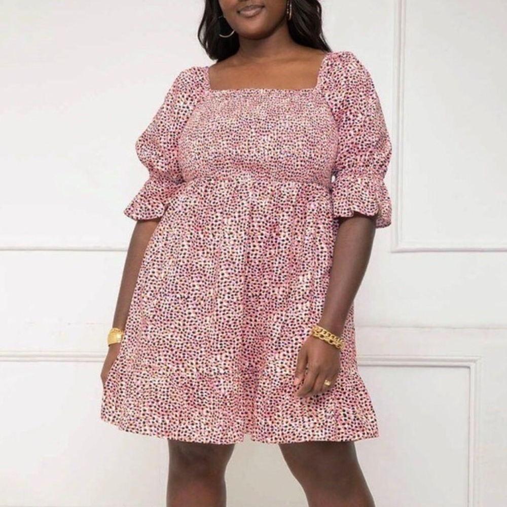 ELOQUII Elements Smocked Bodice Puff Sleeve Dress Pink Black Print 18 Chic - Picture 15 of 15